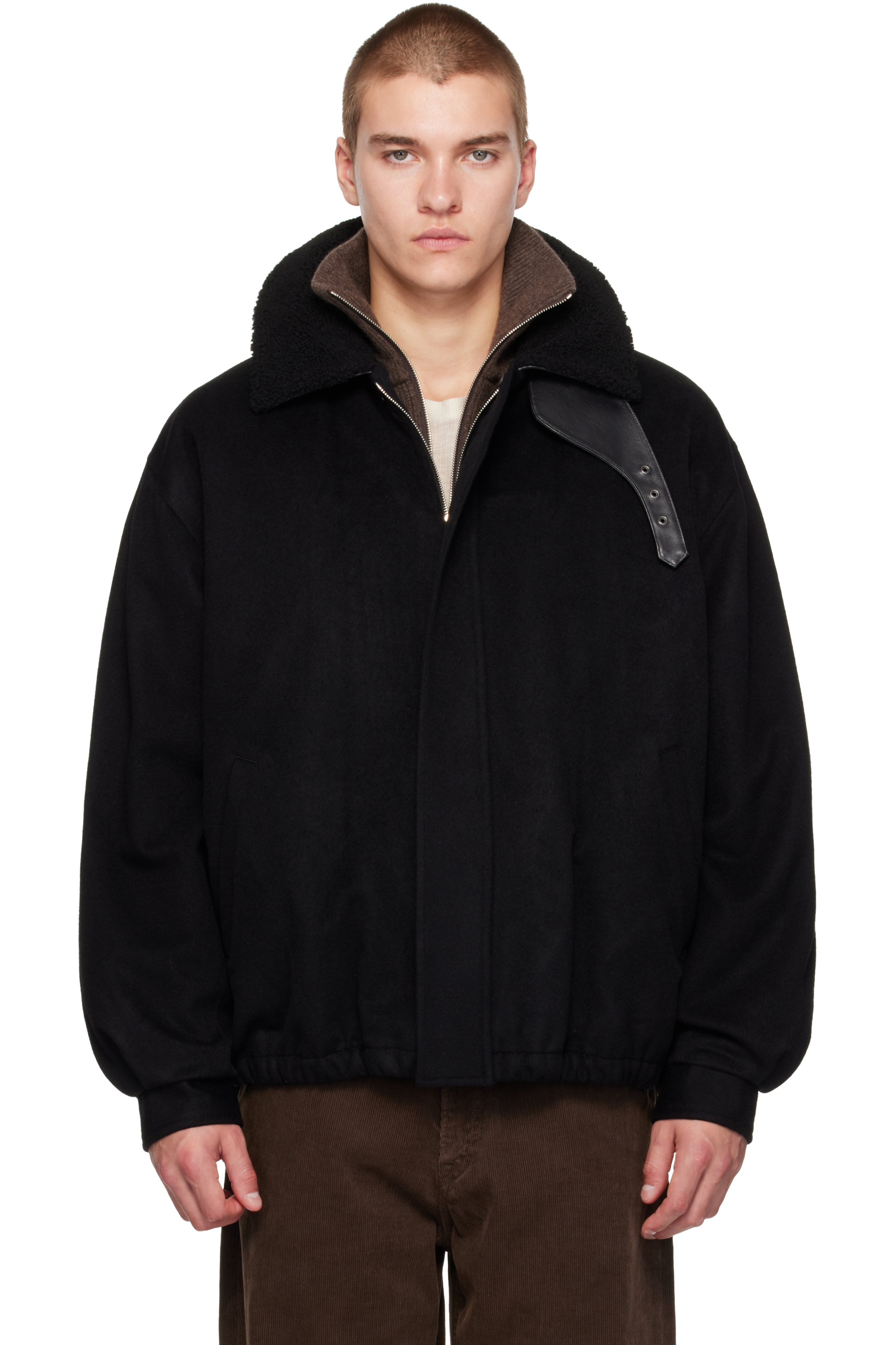ssstein - Black Mouton Collar Wool Cashmere Padded Jacket