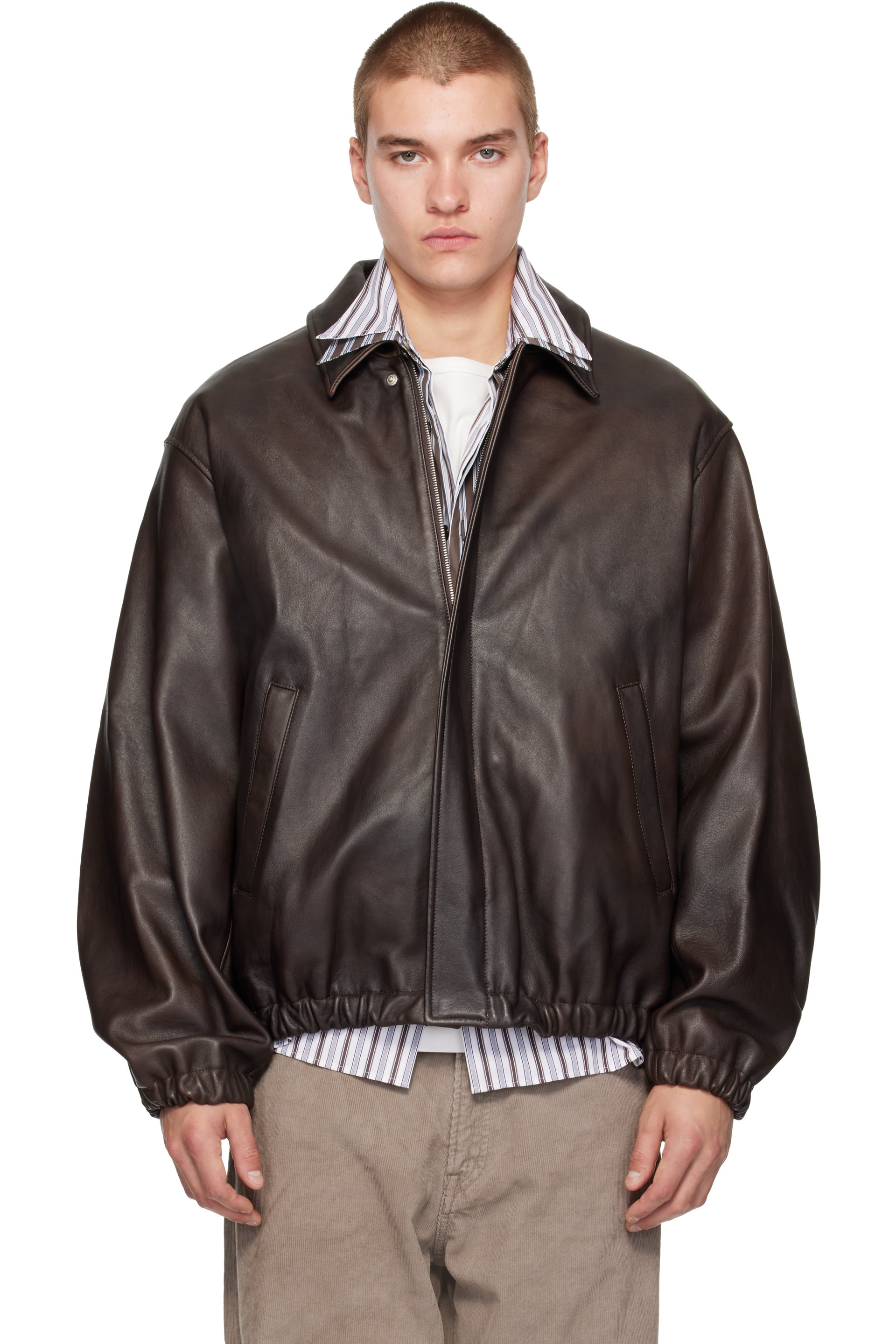 ssstein - Brown Sheep Leather Zip Short Jacket