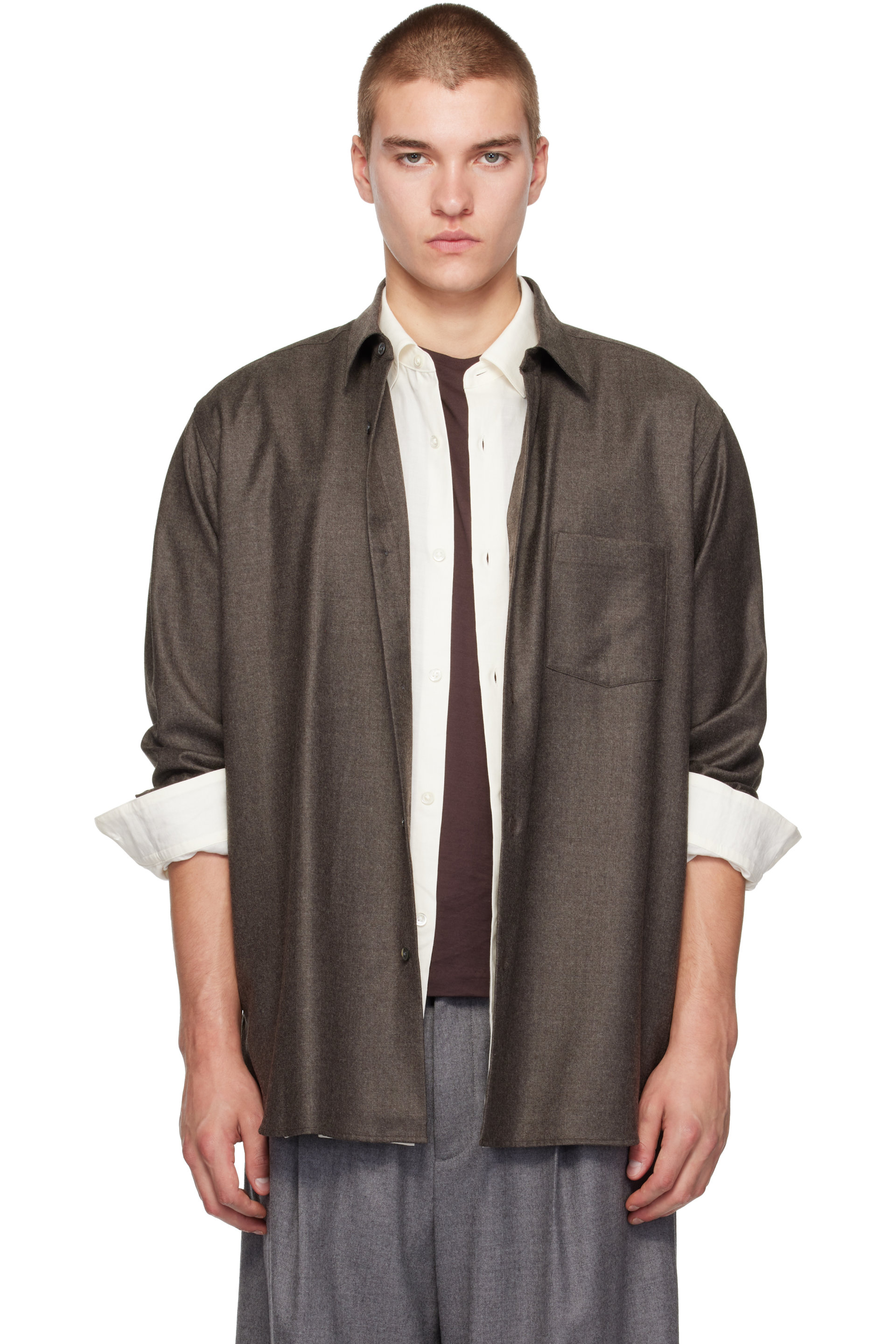 ssstein - Brown Extra Fine Wool Oversized Regular Collar Shirt