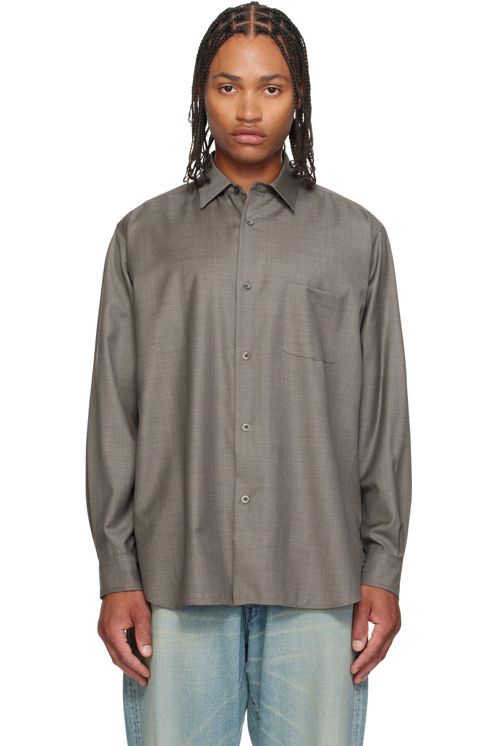 ssstein - Taupe Extra Fine Wool Oversized Regular Collar Shirt