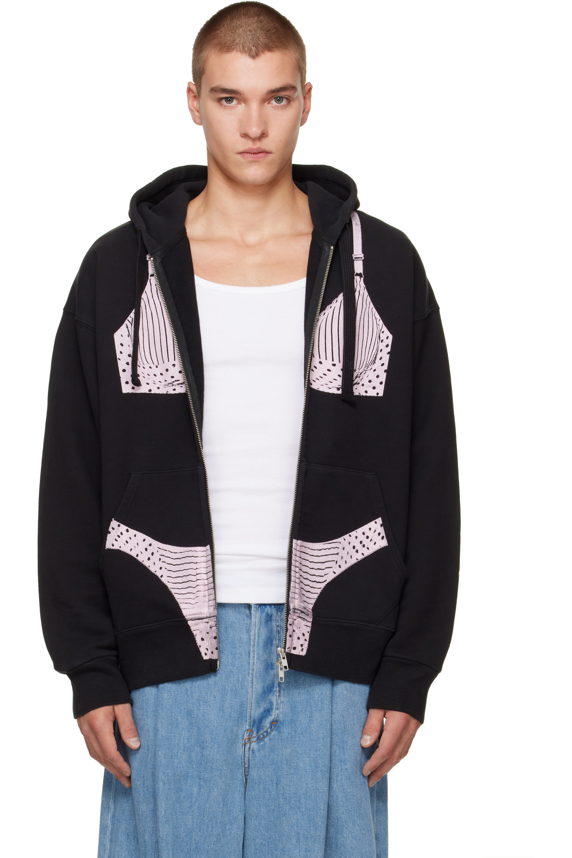 VAQUERA - Pull à capuche noir à image trompe l'œil