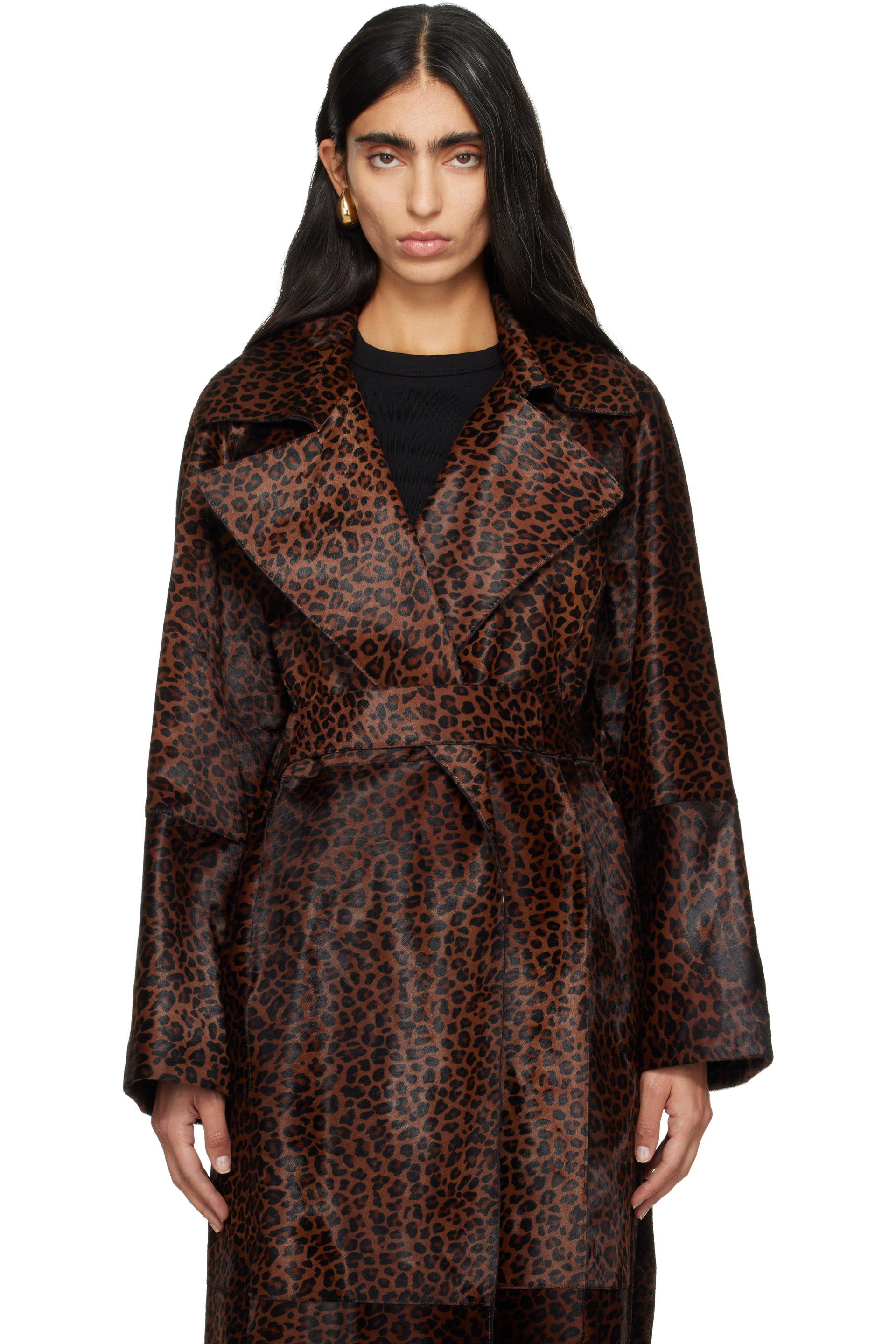 Nour Hammour - Brown Althea Draped Ponyhair Leather Trench Coat