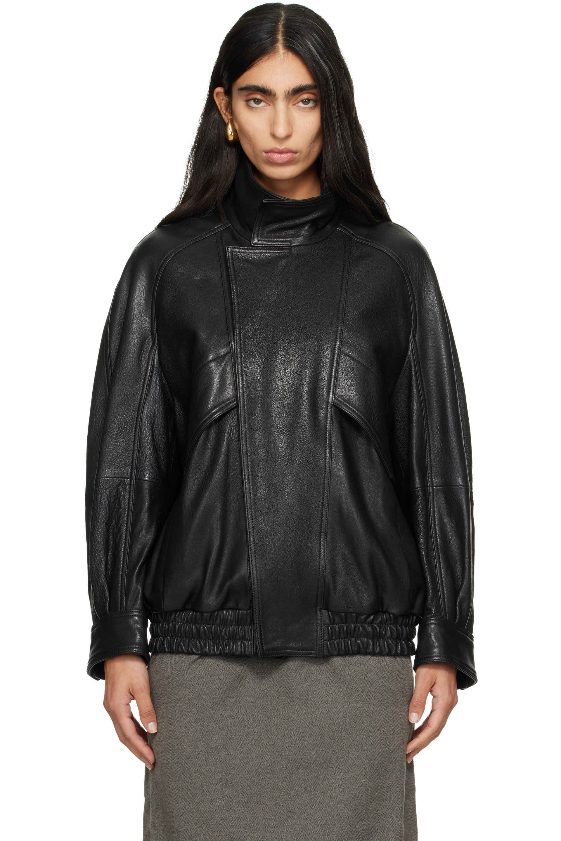 Nour Hammour - Black Ariste Funnel Leather Bomber Jacket
