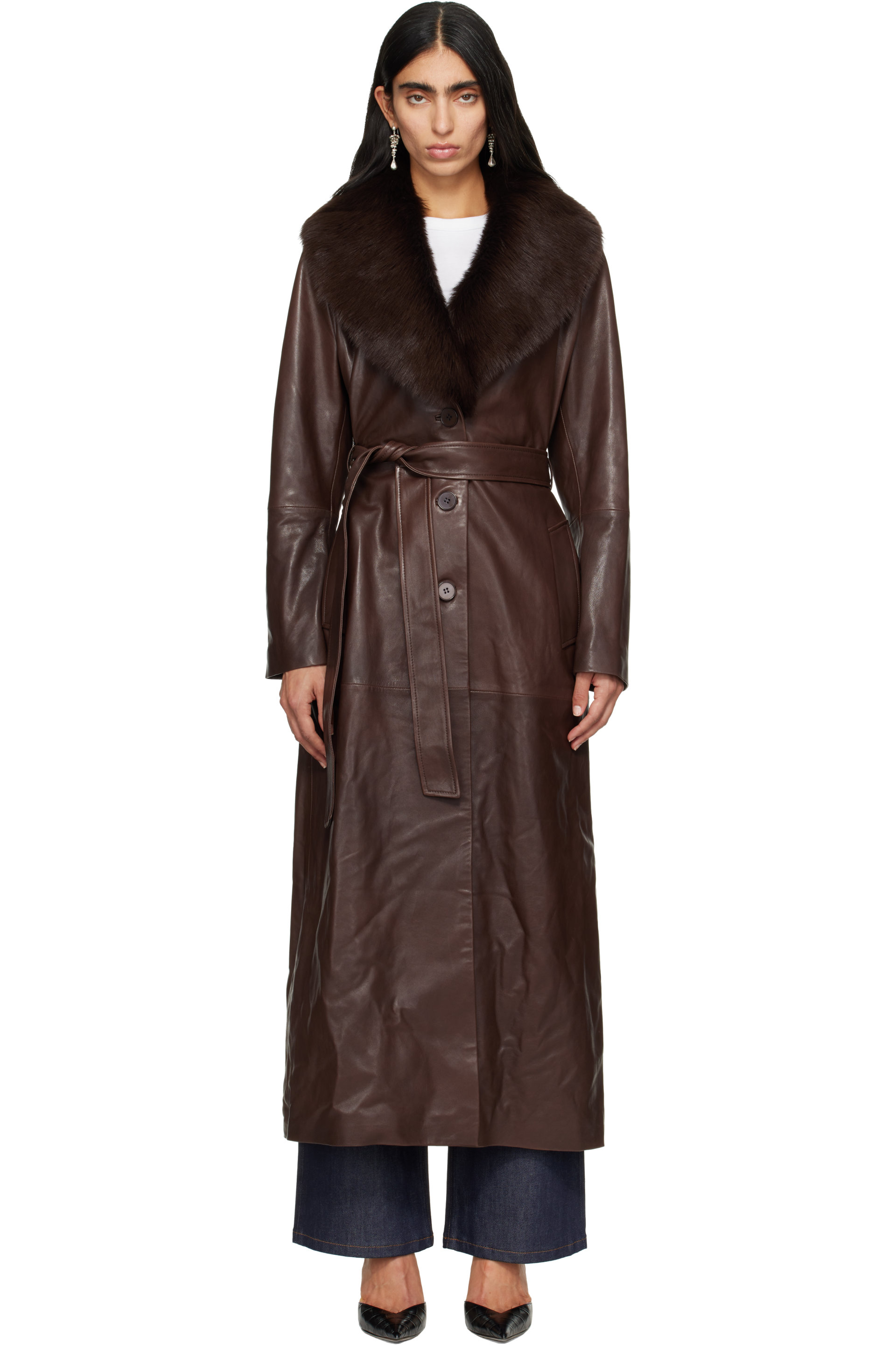 Nour Hammour - Brown Dakota Glam Leather Trench Coat
