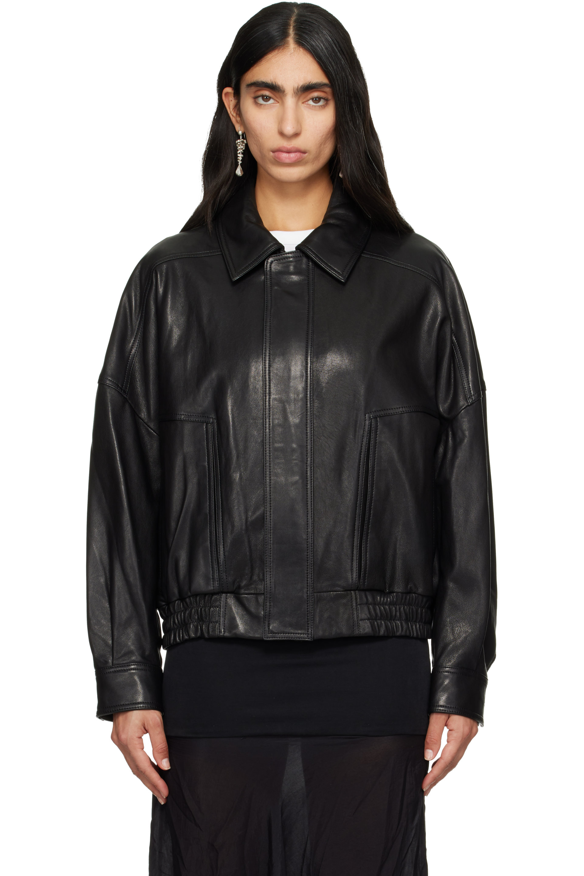 Nour Hammour - Black Dalma Leather Bomber Jacket