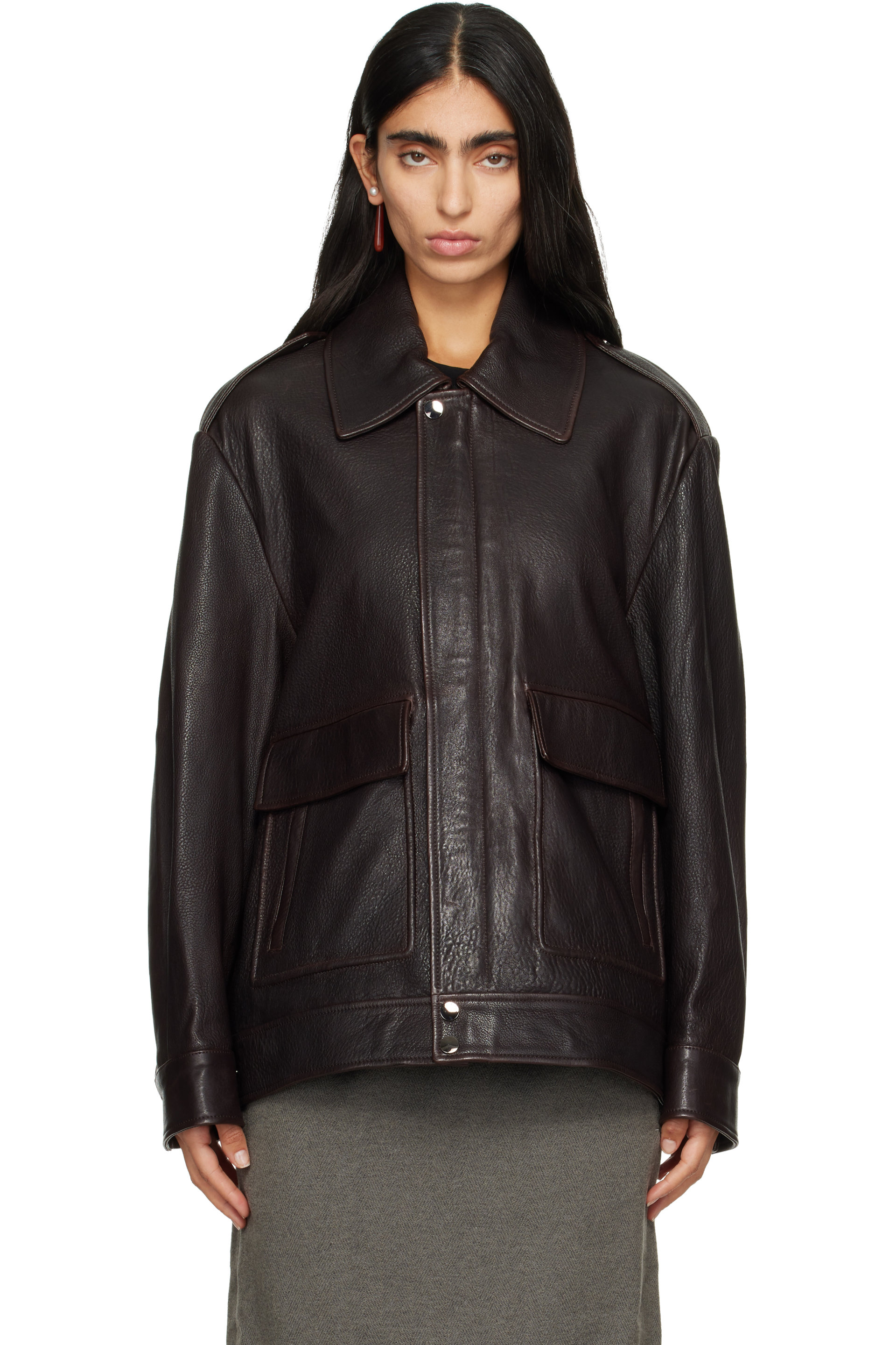 Nour Hammour - Brown Drey Leather Bomber Jacket