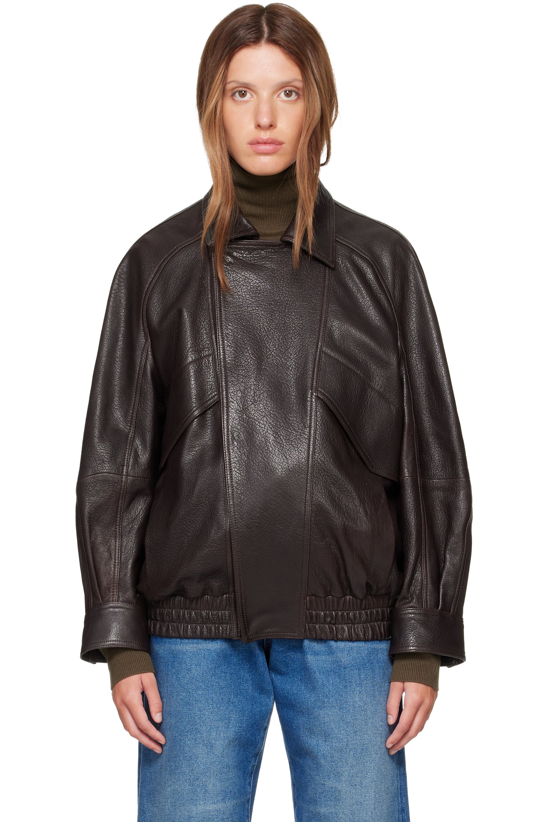 Nour Hammour - Brown Rafe Sculptural Leather Bomber Jacket