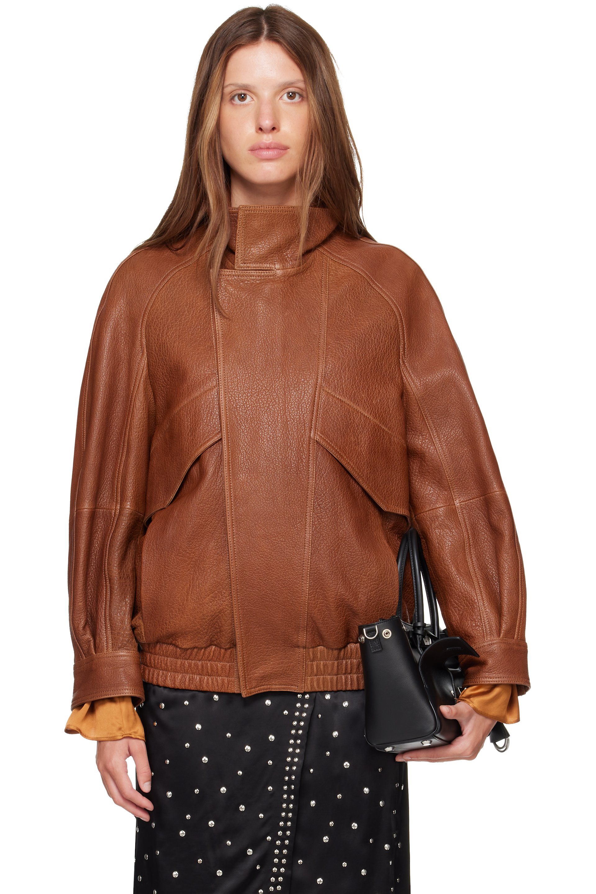 Nour Hammour - Tan Ariste Leather Bomber Jacket
