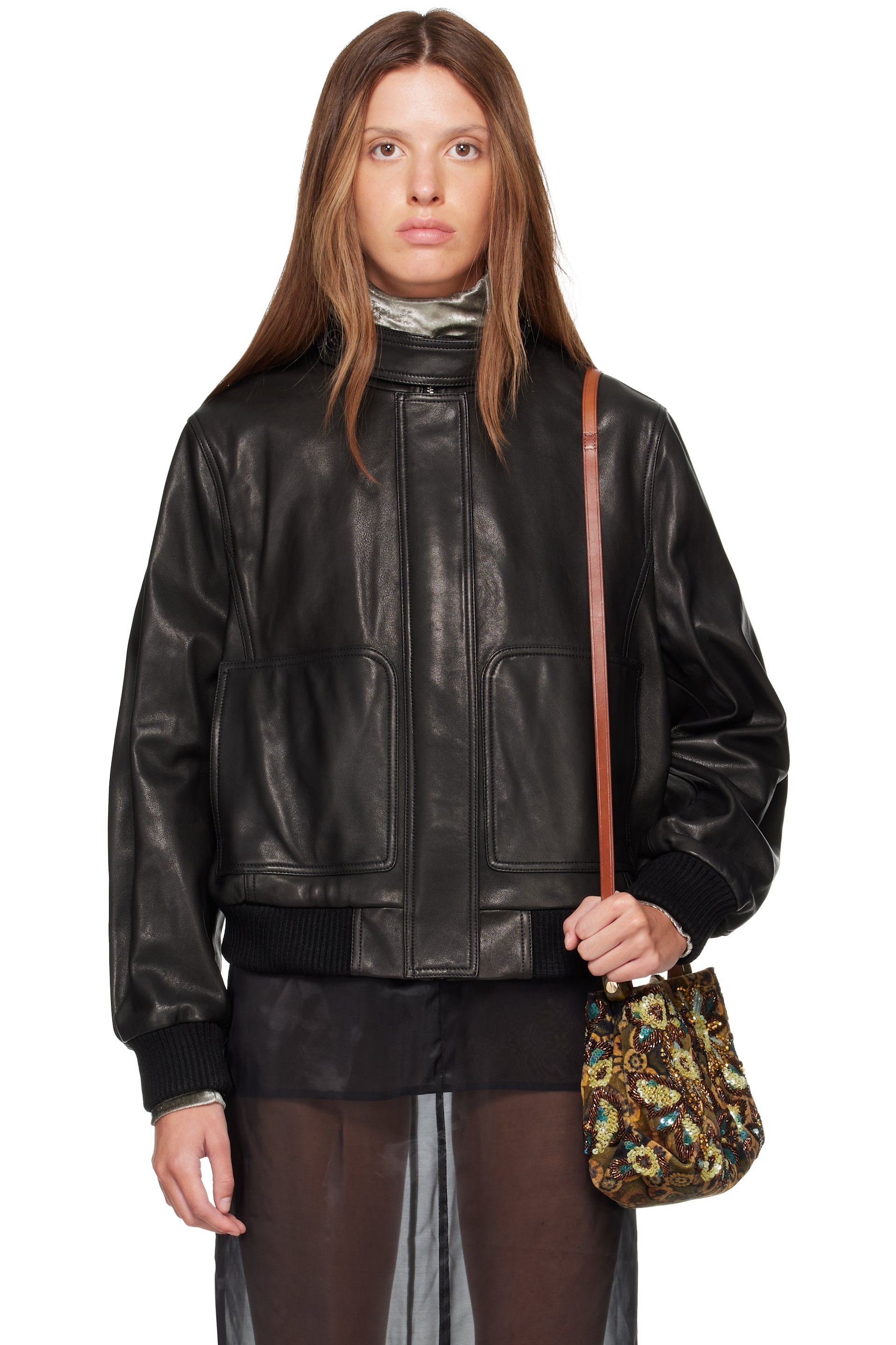 Nour Hammour - Black Rios Leather Bomber Jacket