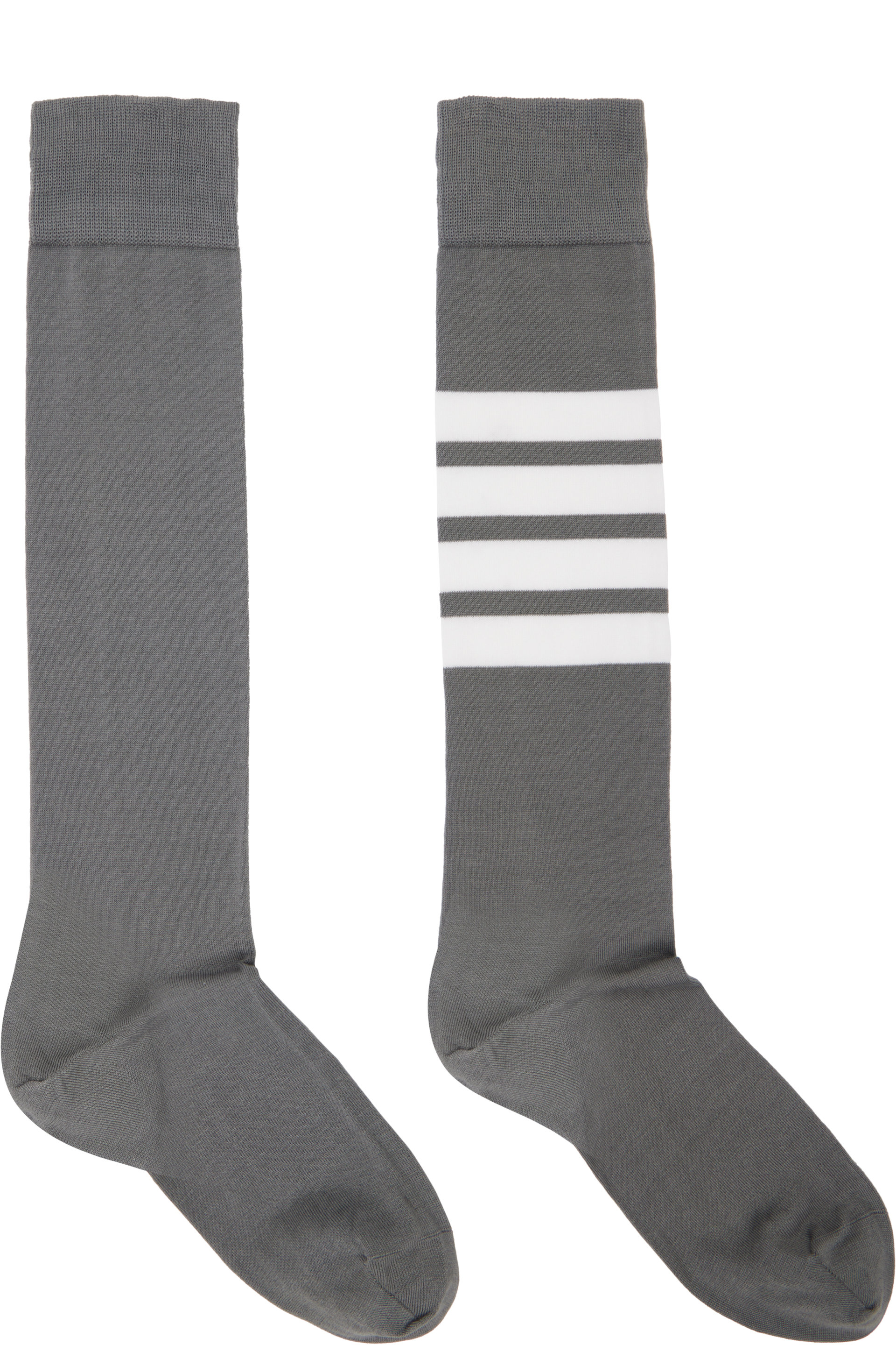 Thom Browne - Chaussettes hauteur genou légères grises en coton à quatre rayures