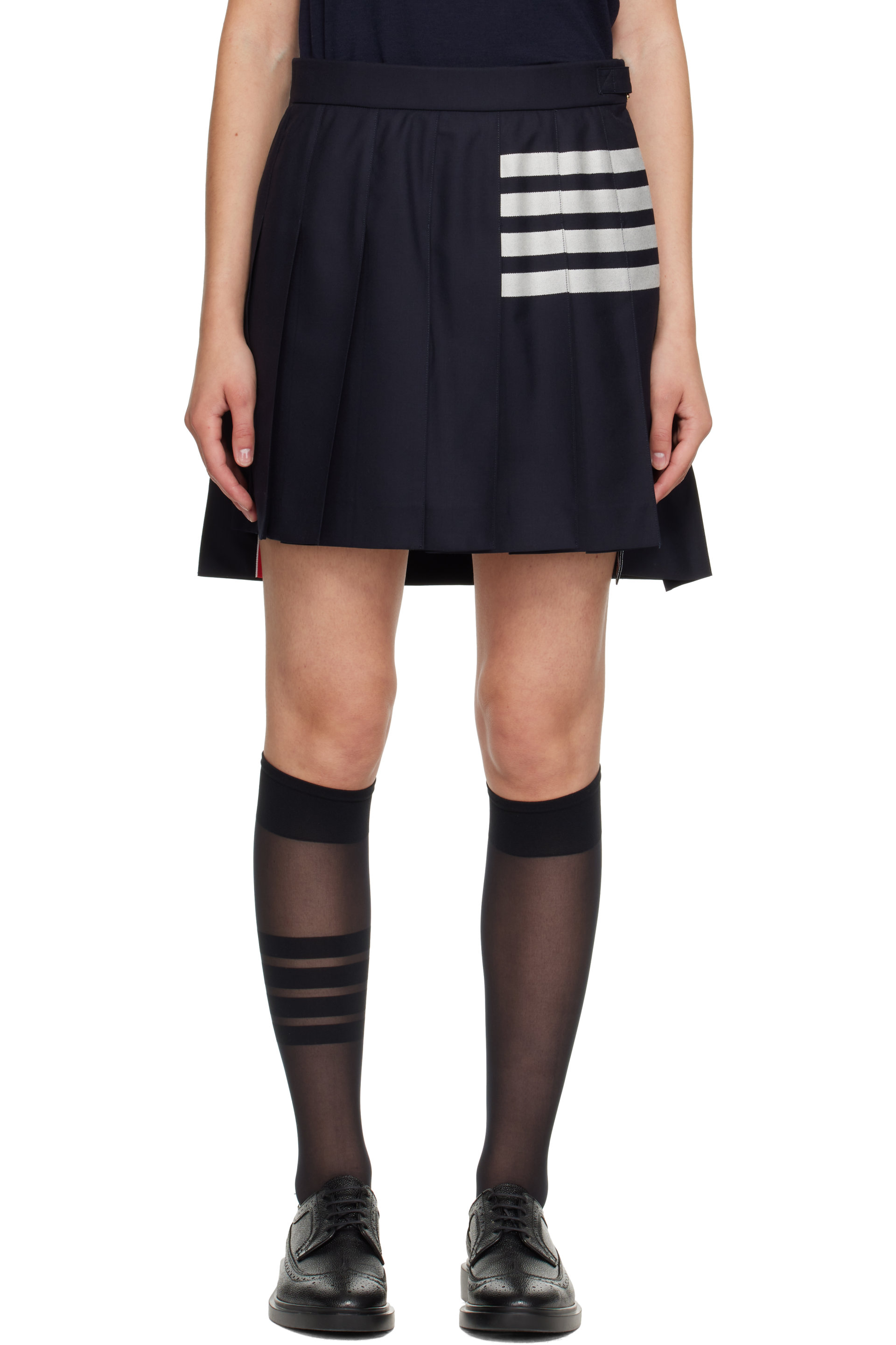 Thom Browne - Navy Plain Weave 4-Bar Pleated Miniskirt