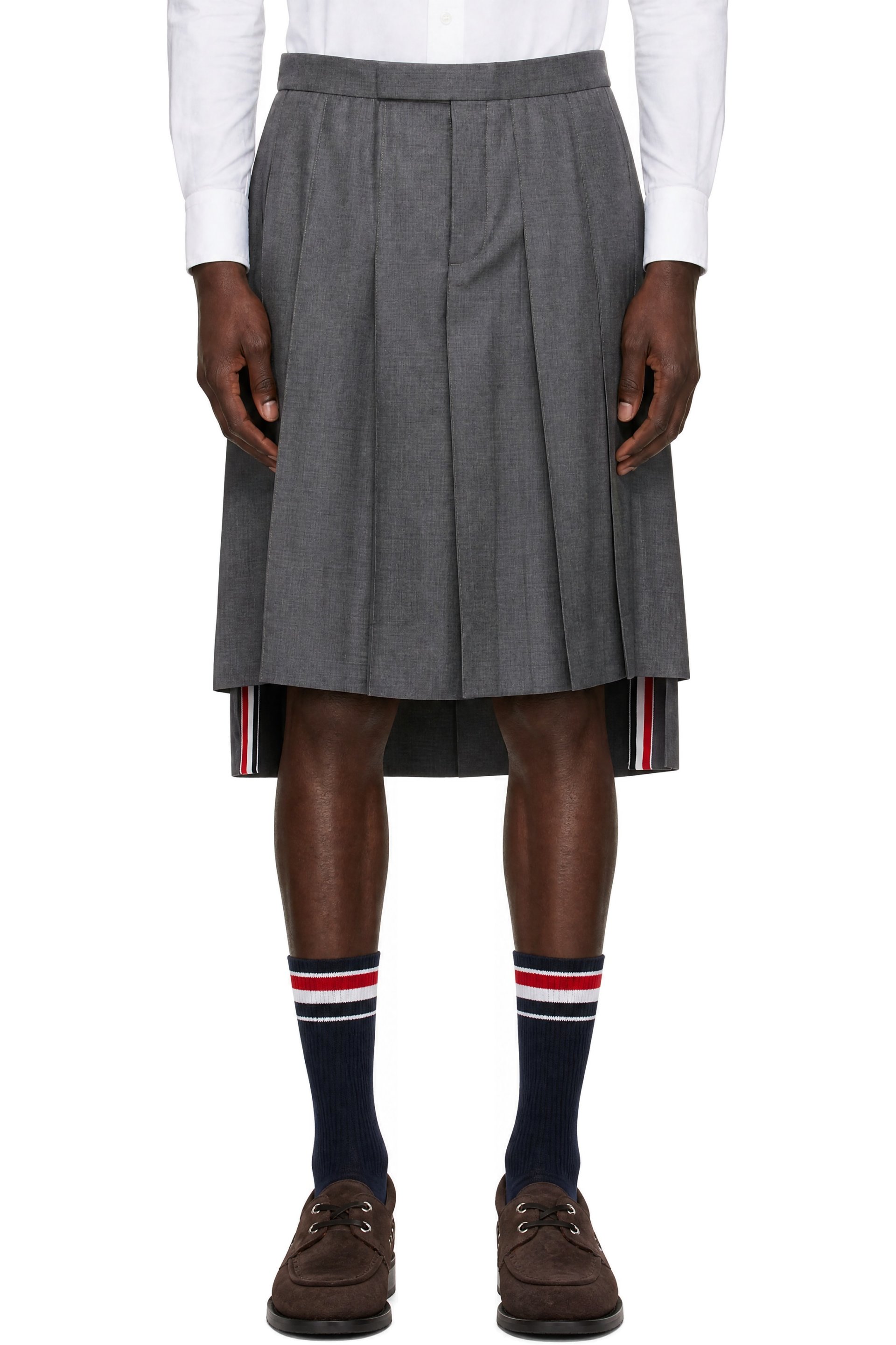 Thom Browne - Jupe grise en sergé de laine super 120s à plis