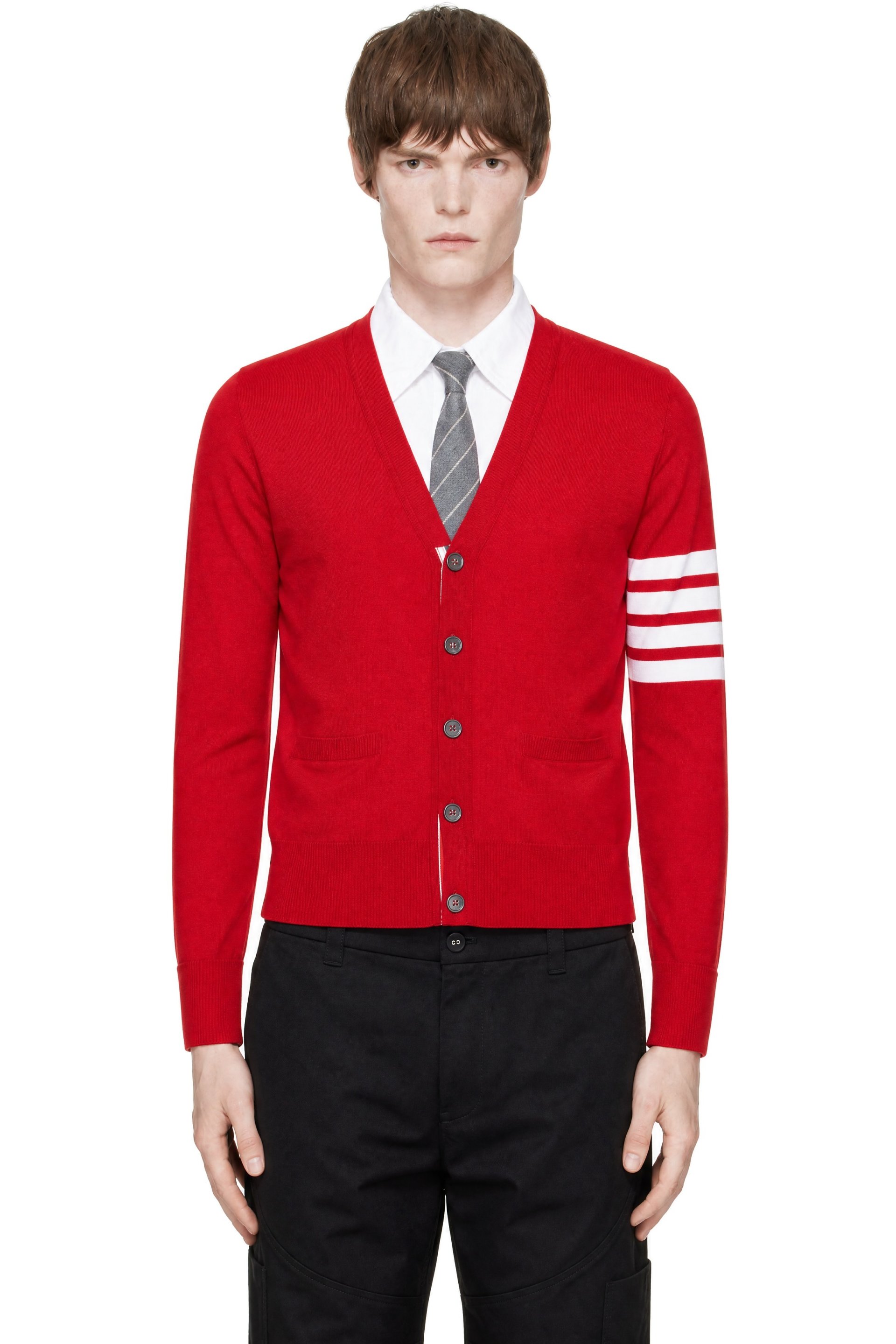 Thom Browne - Red Merino Wool 4-Bar Classic V-Neck Cardigan