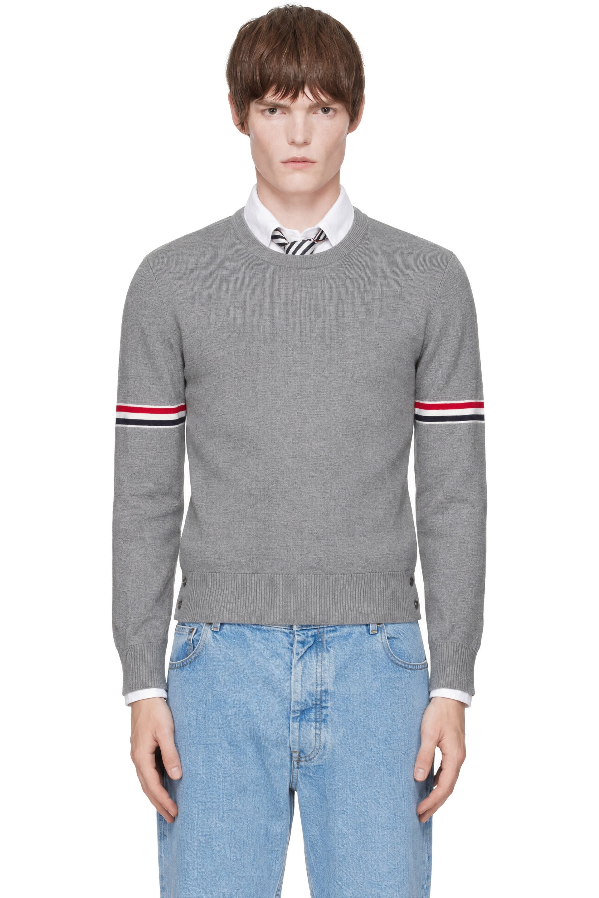 Thom Browne - Gray Milano Stitch Pullover RWB Armband Sweater
