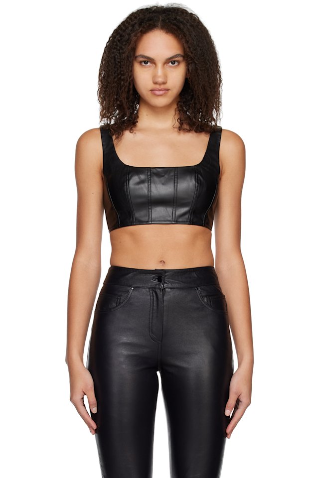 Staud — Black Cropped Wells Faux-Leather Tank Top