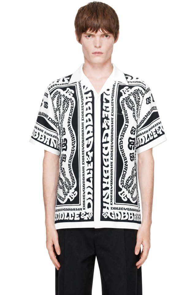 Dolce&Gabbana — White & Navy Marina-Print Silk Shirt