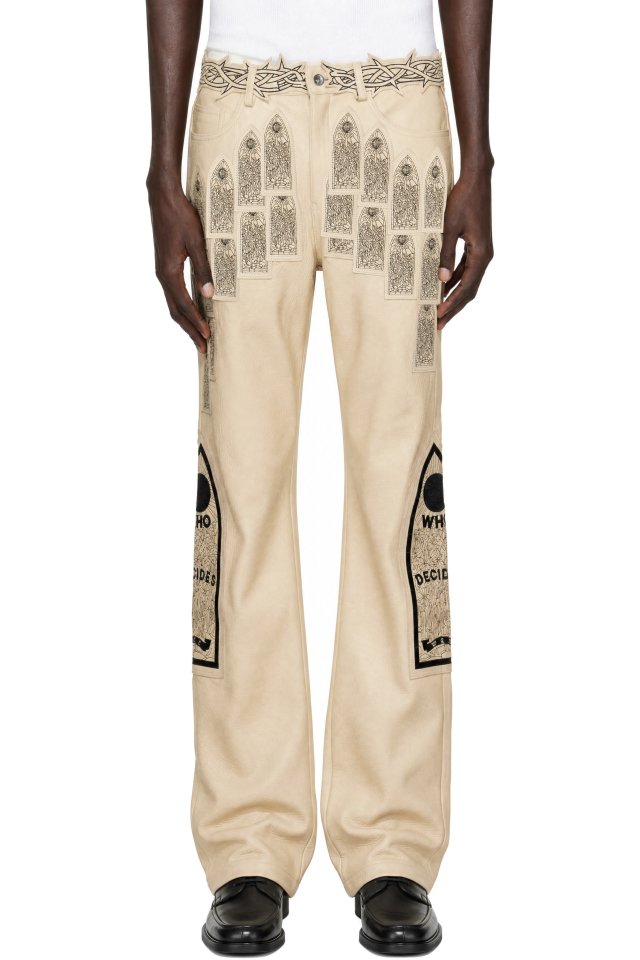 Who Decides War — Beige Patched Arch Embroidered Leather Trousers