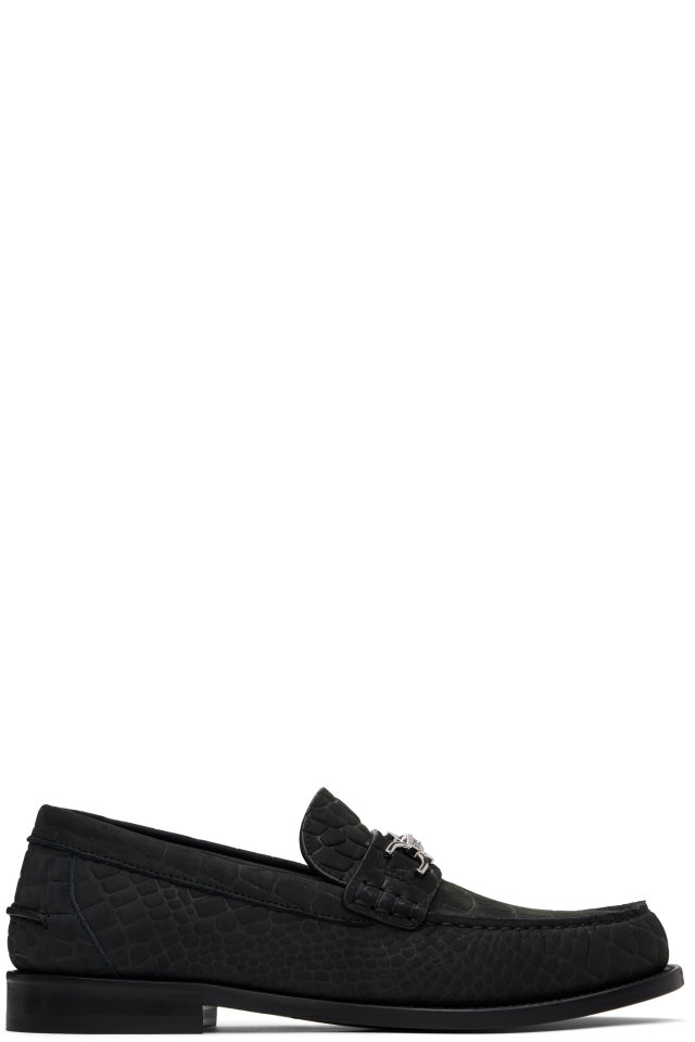 Versace — Black Croc-Effect Medusa '95 Suede Loafers
