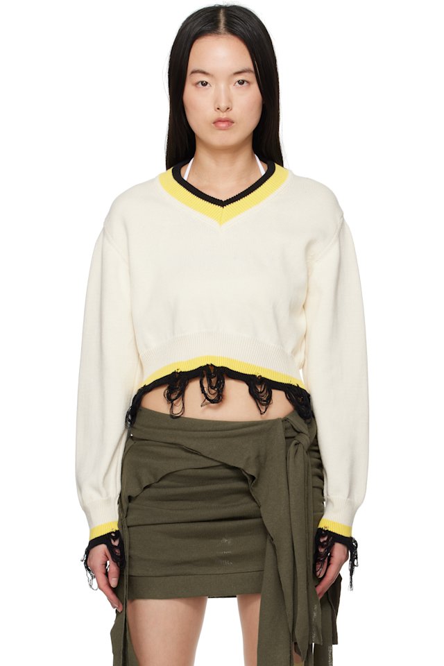 Ottolinger — Off-White Cropped V-neck Sweater