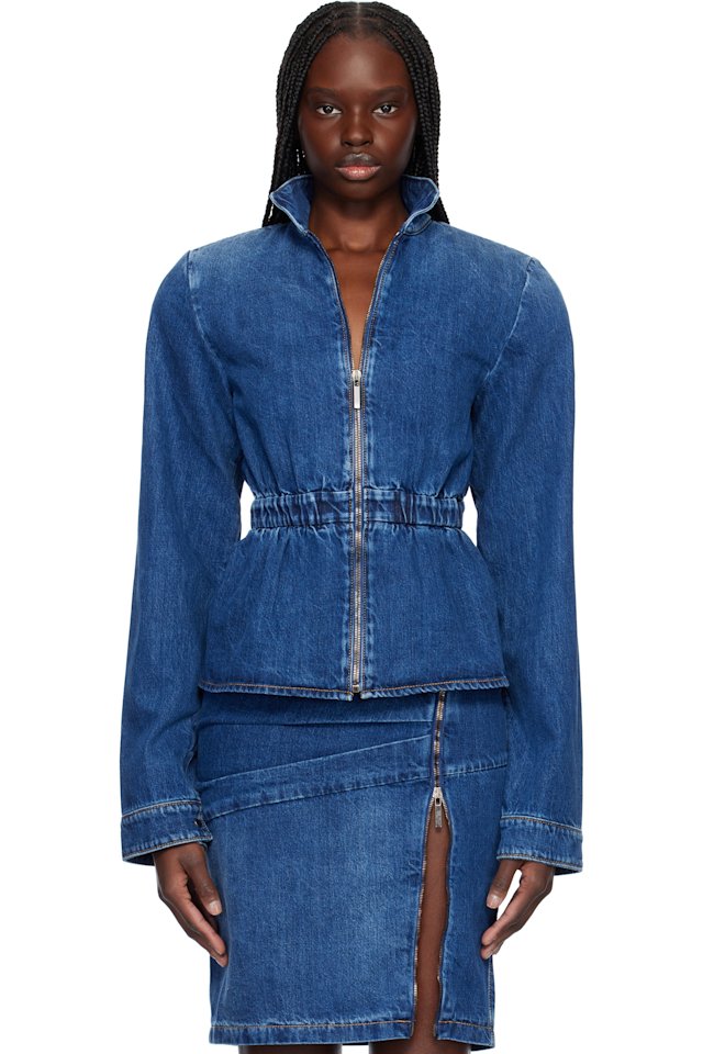 Nensi Dojaka — Blue Hayley Peplum Bomber Denim Jacket