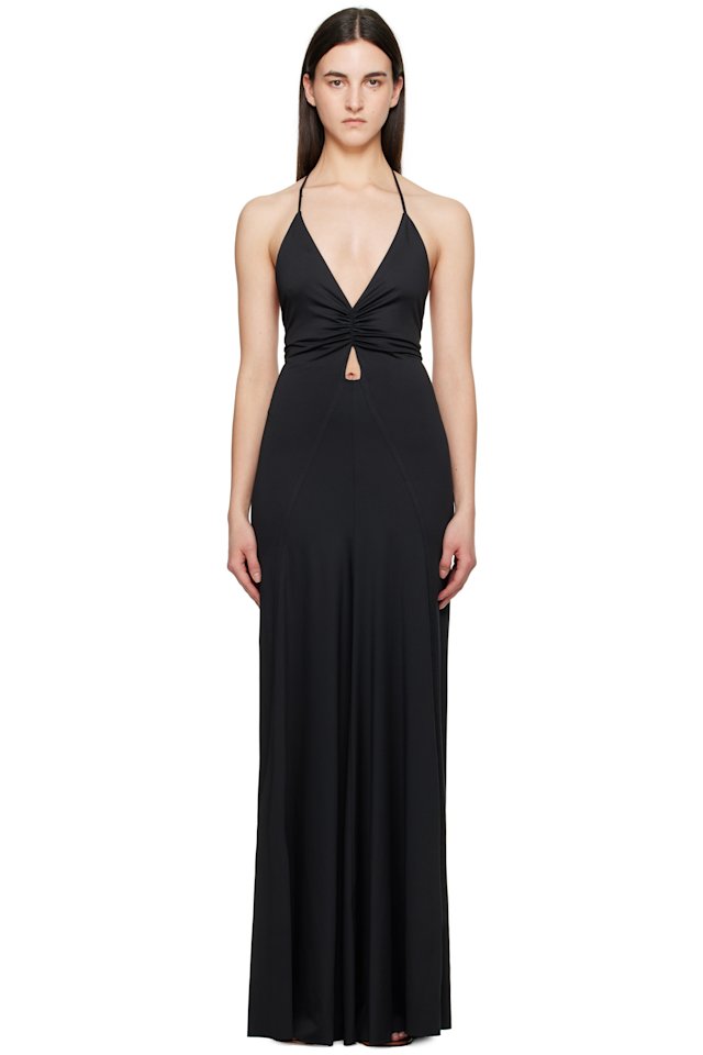 Victoria Beckham — Black V-Neck Ruched Cami Maxi Dress