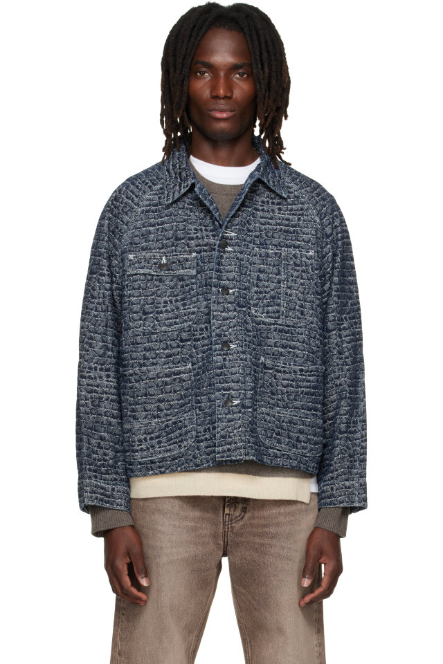 NEEDLES — Navy Crocodile Jacquard Short Denim Jacket