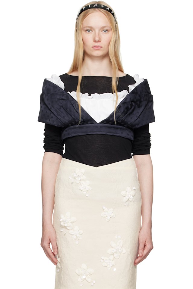 SHUSHU/TONG — Navy & White Patchwork Short Blouse
