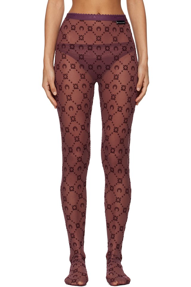 Marine Serre — Burgundy Moonogram Mesh Flock Tights