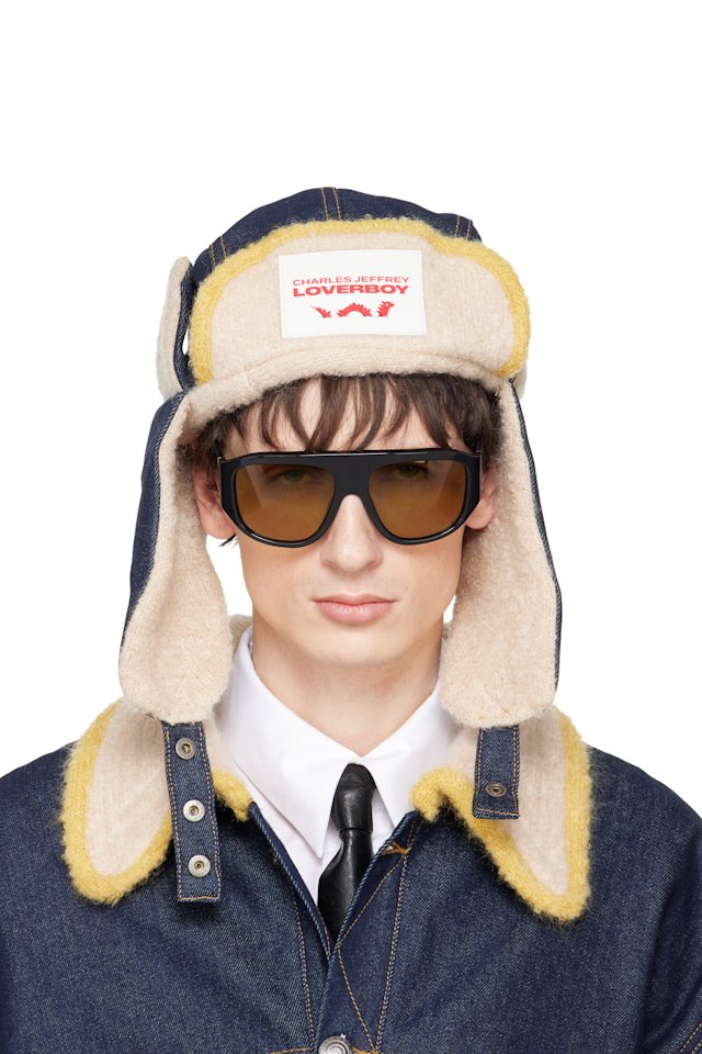 Charles Jeffrey LOVERBOY — Navy & Beige Knit Patch Trapper Hat