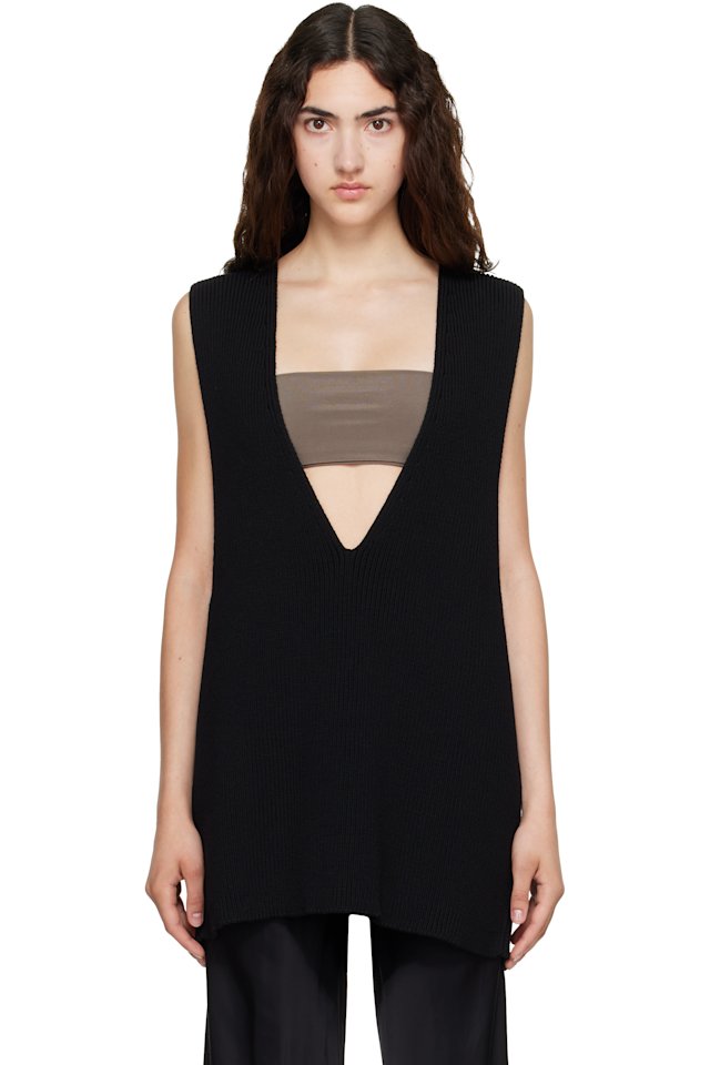 Rick Owens — Black Tower Wool Knit V Neck Vest