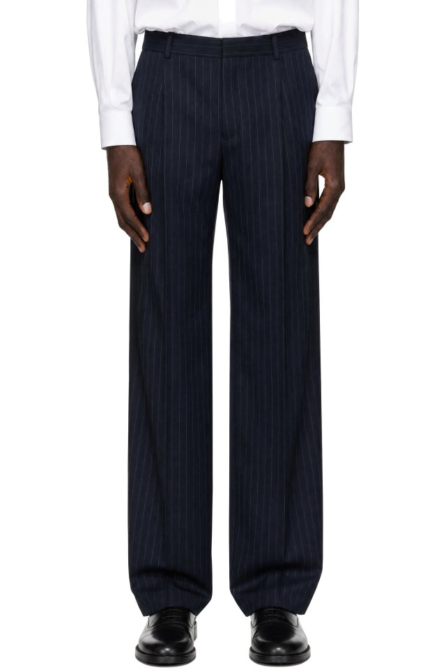 BALMAIN — Navy Wide Pinstripe Wool Trousers