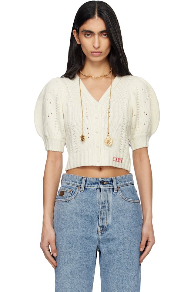 Chloé — White Puff-Sleeve Wool & Cashmere Knit Cardigan