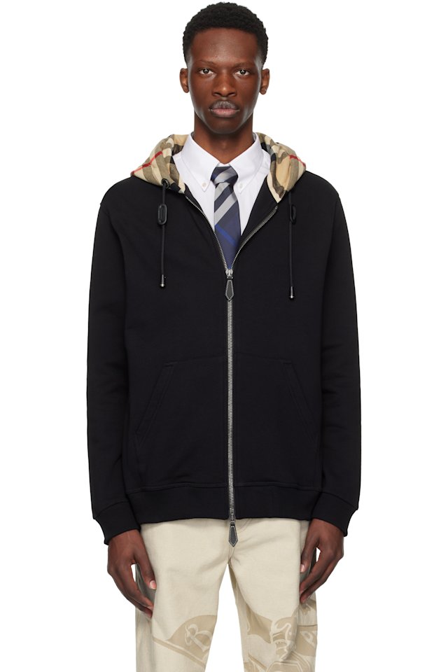 Burberry — Black Check Hood Cotton Zip Hoodie