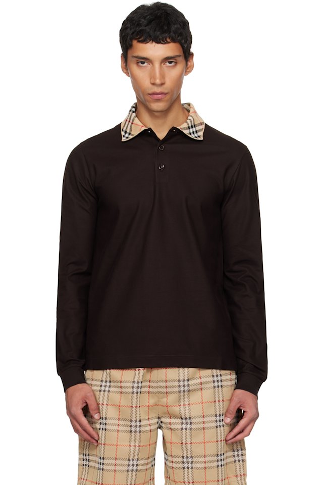 Burberry — Brown Long Sleeve Check Collar Cotton Polo