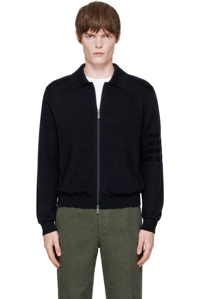 Thom Browne — Navy 4-Bar Wool Linen Full Zip Cardigan