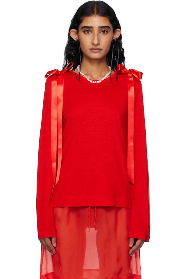 Simone Rocha — Red Bow Ribbon Tail Long Sleeve T-shirt