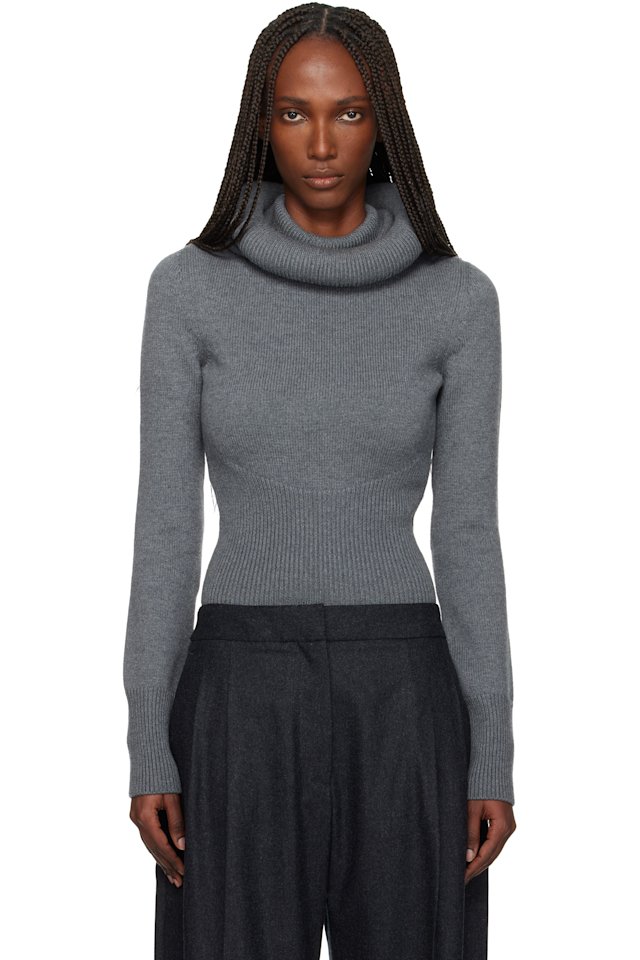 ALAÏA — Gray Sculptural Hood Ribbed Knit Turtleneck