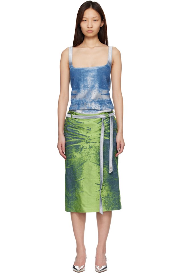 Diesel — Blue & Green Open-Back Apron Satin Denim Midi Dress