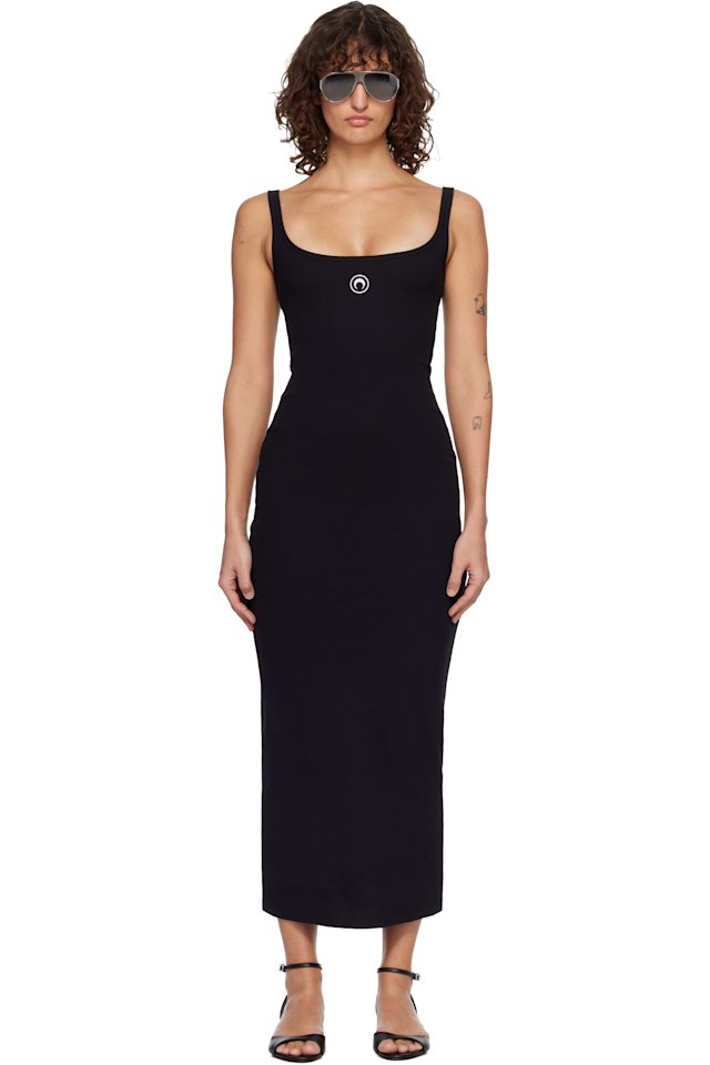 Marine Serre — Black Moon Logo Ribbed Jersey Maxi Dress