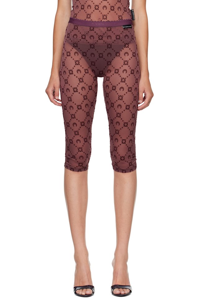Marine Serre — Burgundy Moonogram Mesh Flock Capri Leggings