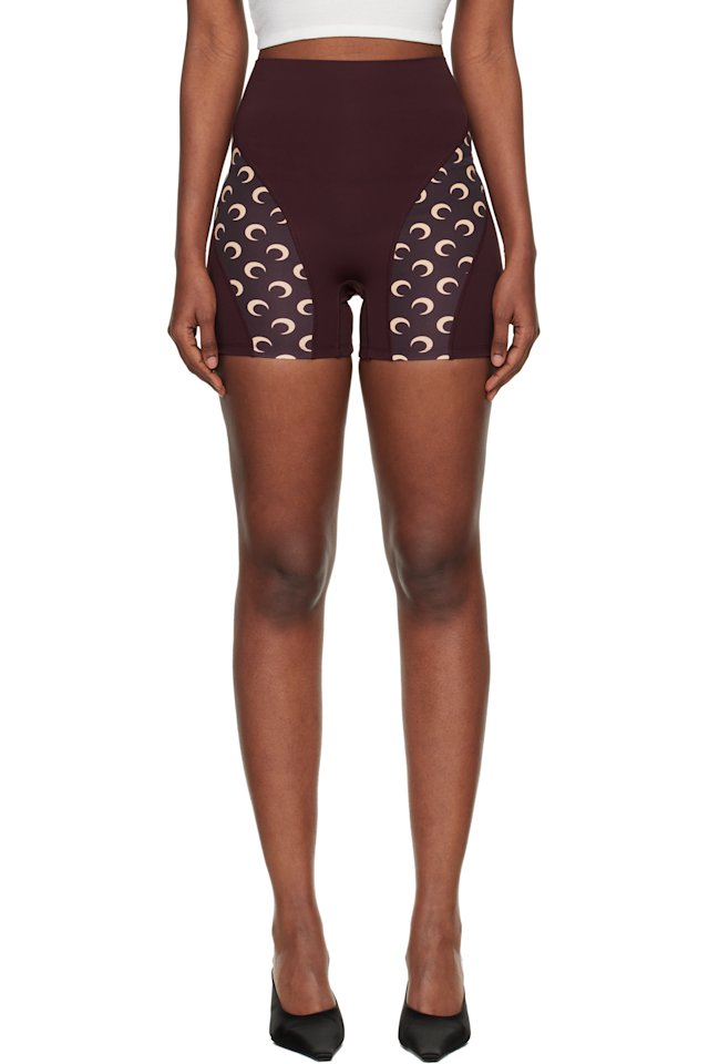 Marine Serre — Burgundy Athleisure Moon Insert Mini Shorts