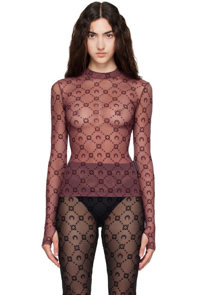 Marine Serre — Burgundy Moonogram Flock LS Highneck Top