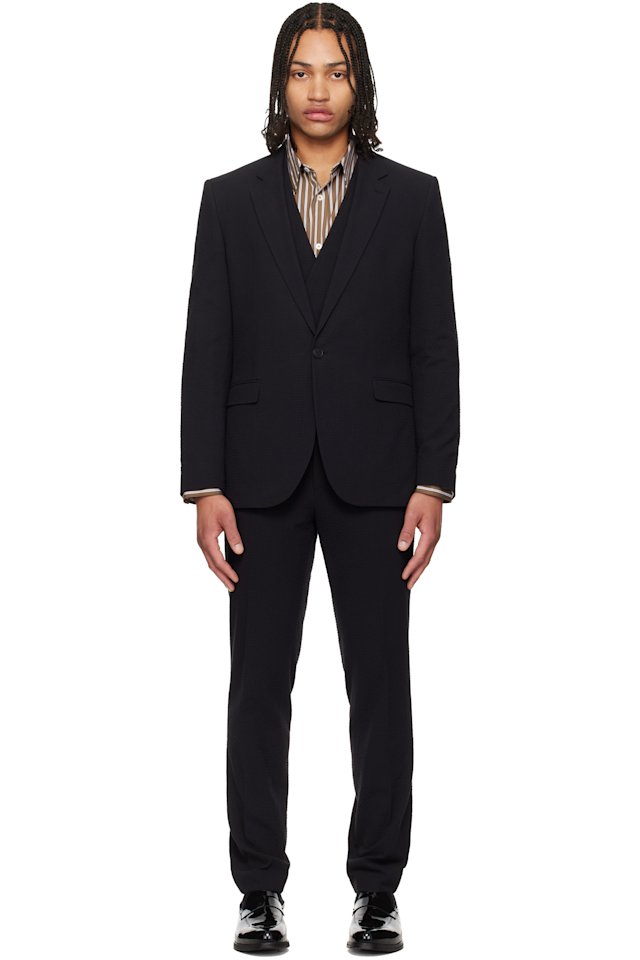 Hugo — Black Three-Piece Extra-Slim-Fit Stretch-Cotton Seersucker Suit