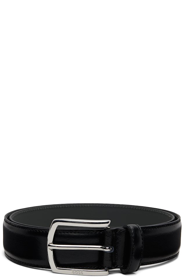 BOSS — Black Polished Logo Buckle Leather Belt