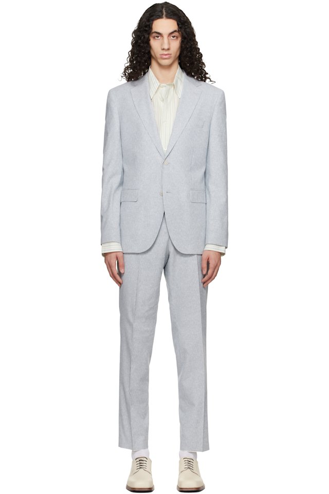 BOSS — Blue Two-Piece Regular-Fit Stretch Bouclé Suit