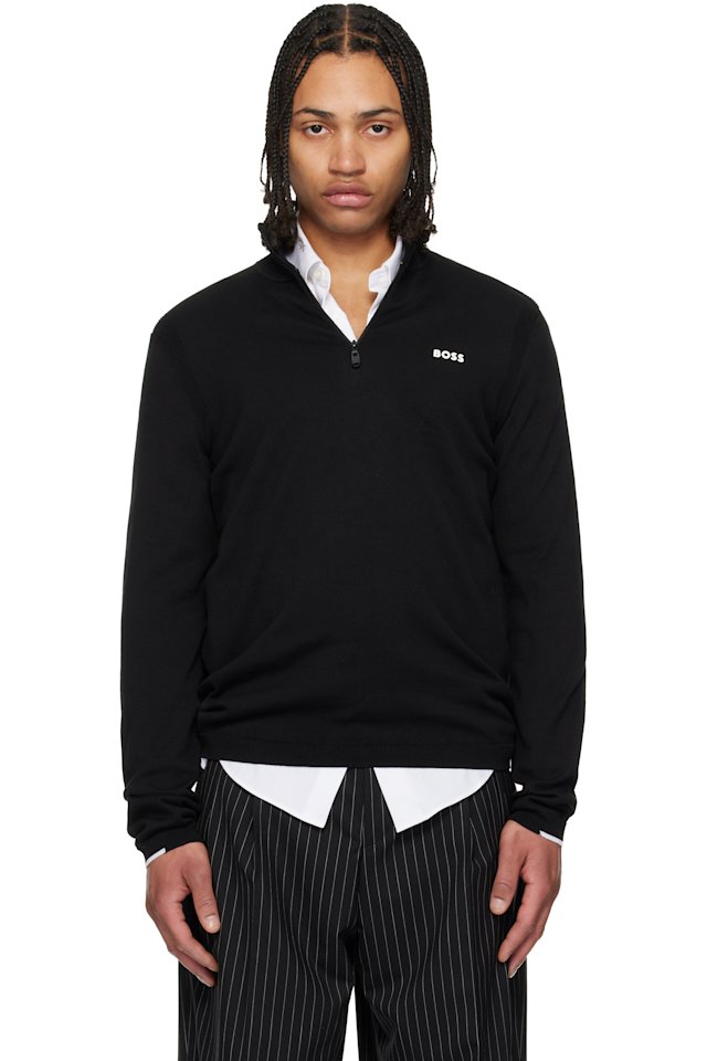 BOSS — Black Cotton Quarter Zip Track Jacket