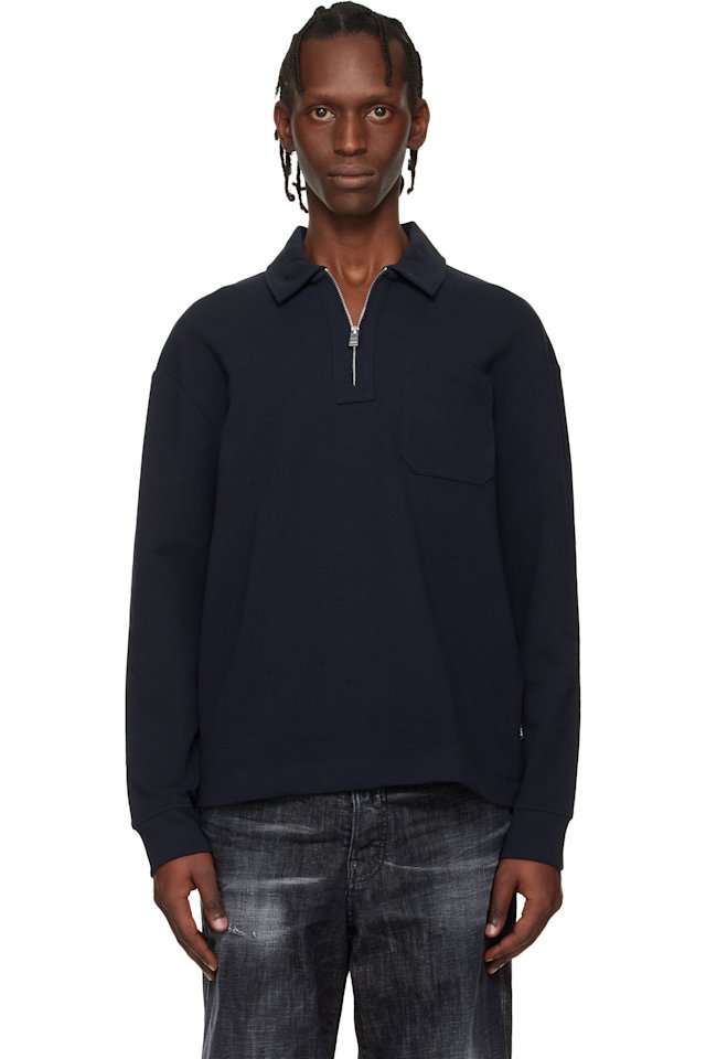 BOSS — Navy Zip-Neck Cotton Blend Polo