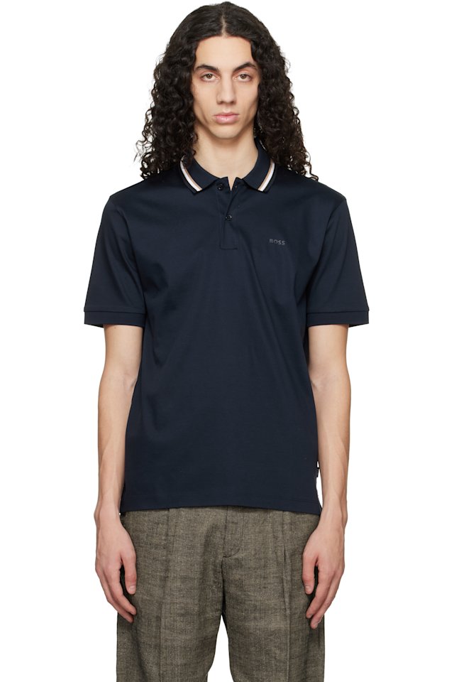 BOSS — Navy Striped-Collar Slim-Fit Cotton Logo Polo