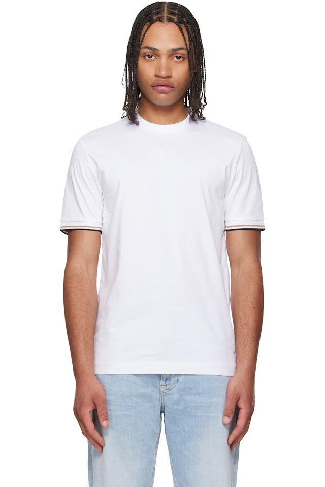 BOSS — White Cotton-Jersey Signature-Stripe Cuffs T-shirt