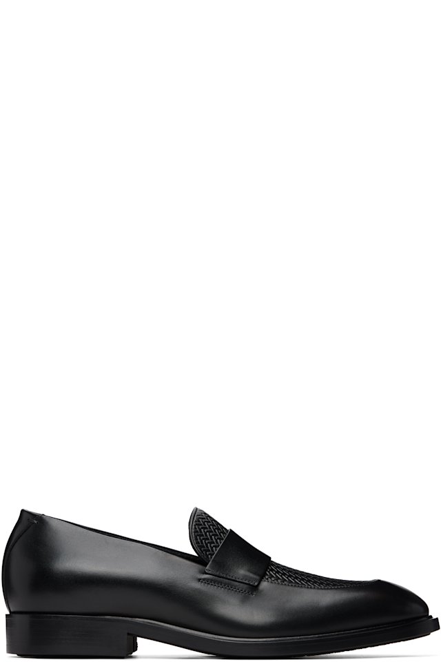BOSS — Black Woven Vamp Leather Loafers